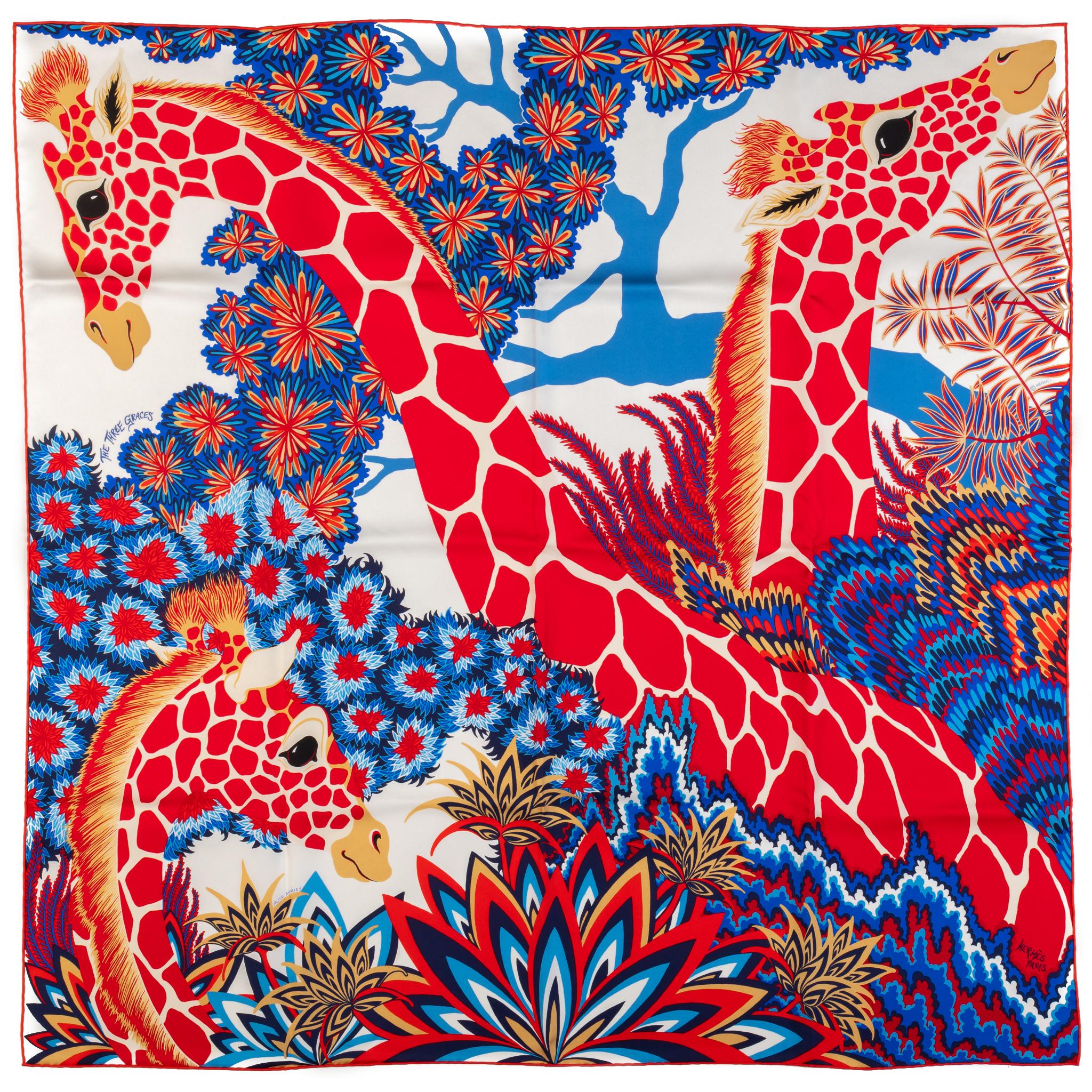 Hermès NIB Three Graces Red Blue Scarf For Sale 1