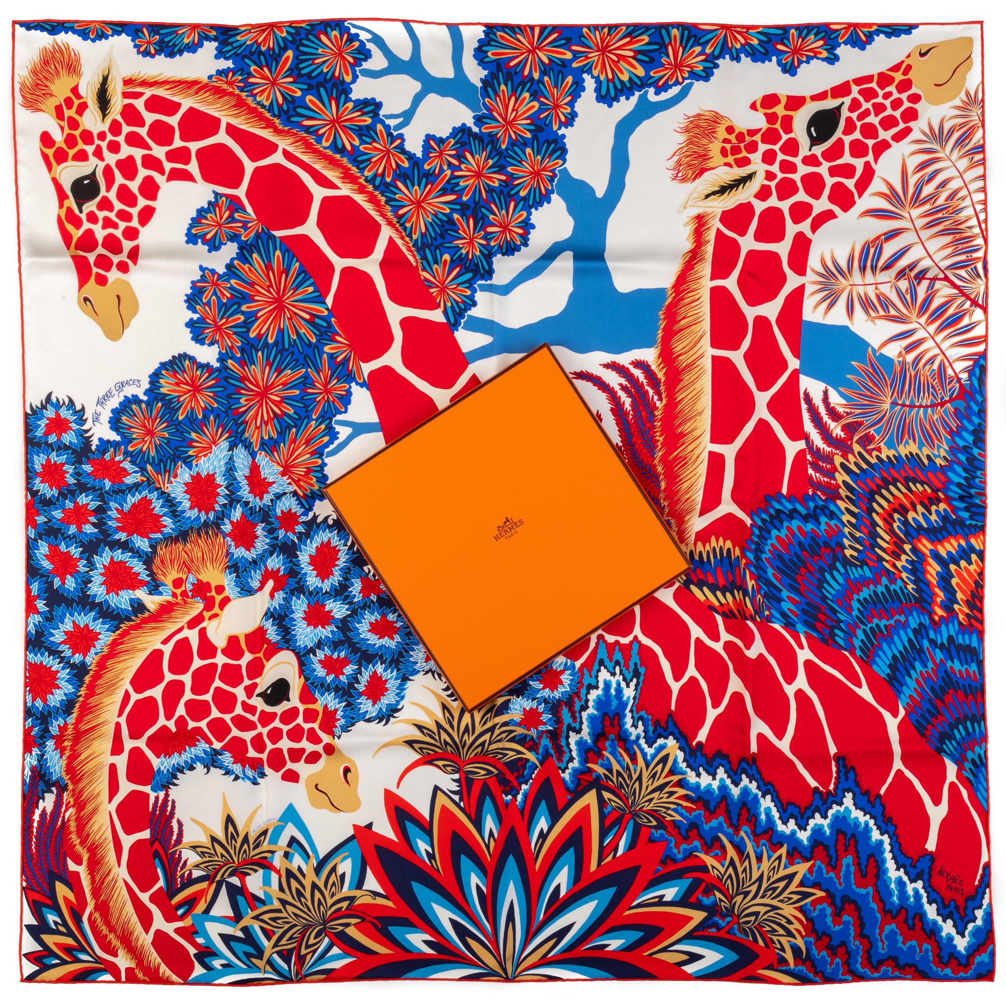 Hermès NIB Three Graces Red Blue Scarf For Sale 2