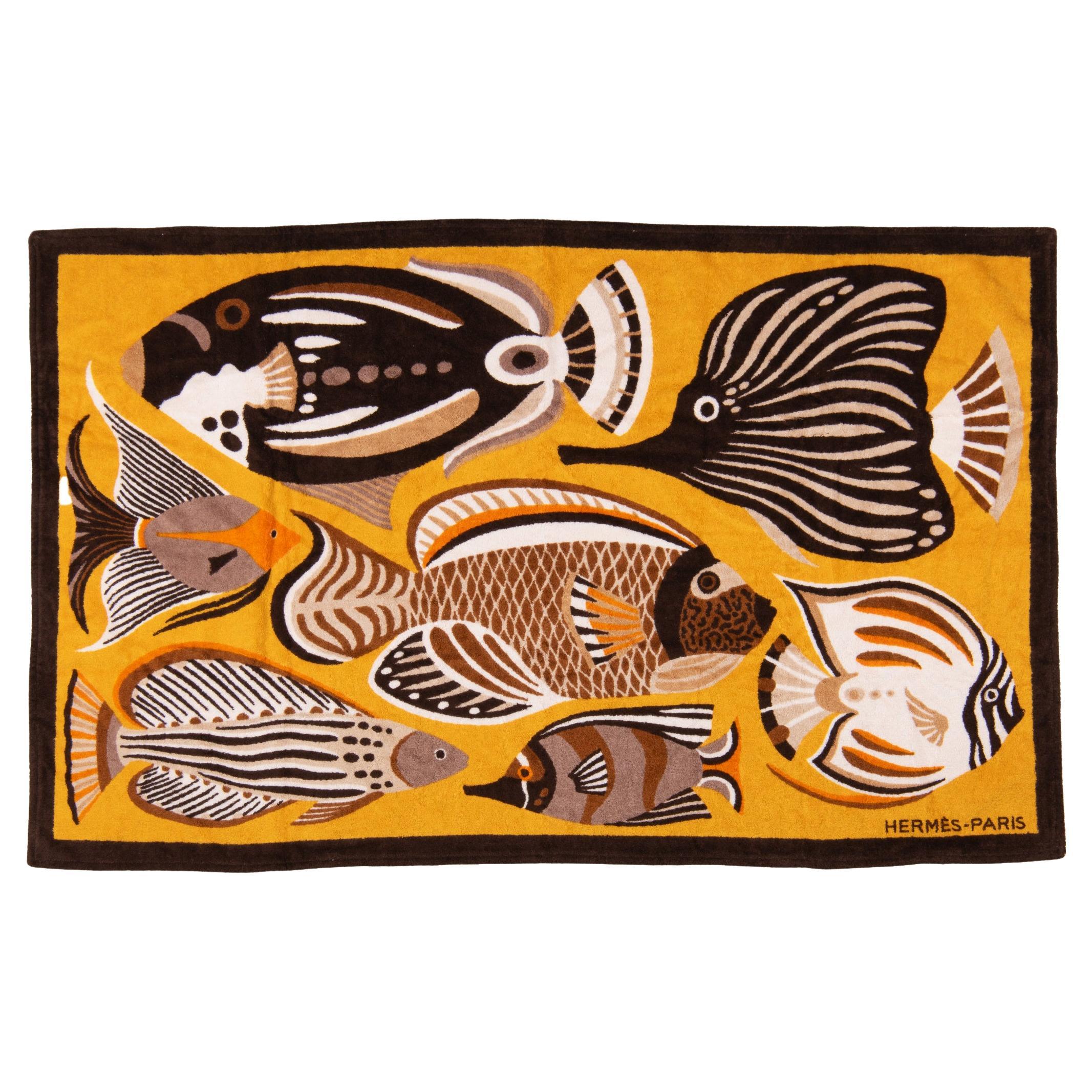 Hermès NIB Yellow Black Fish Beach Towel For Sale