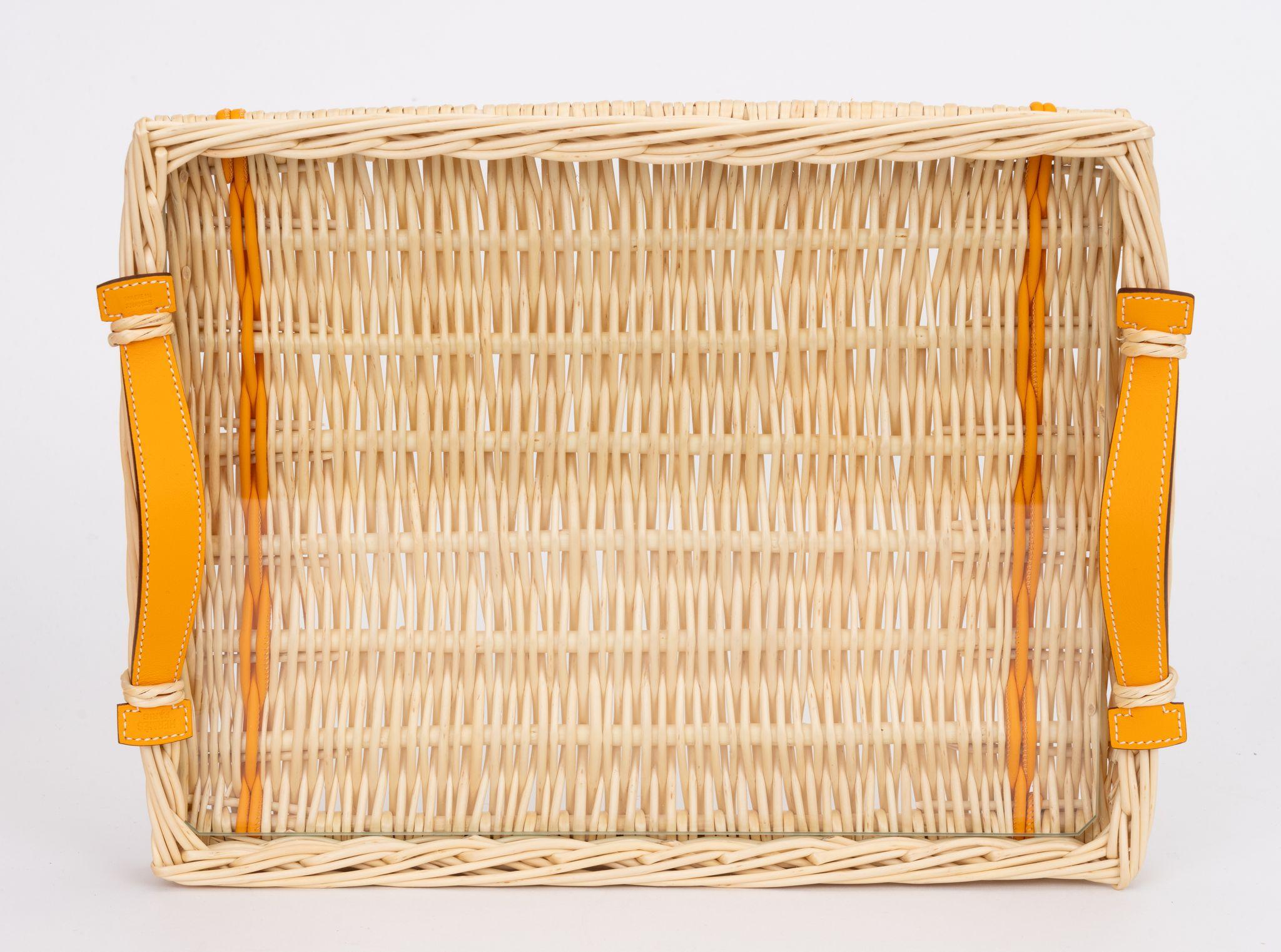 Hermès new decorative lather and wicker tray, with protective glass. Brand new in original box with booklet.