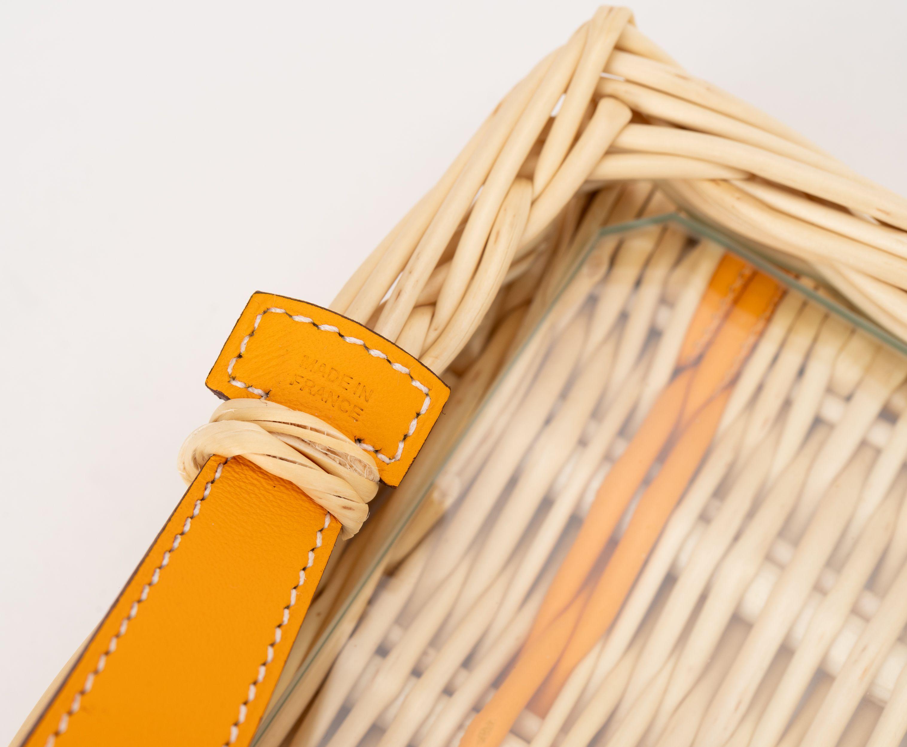 Hermès NIB Yellow Wicker Tray W/Glass In New Condition In West Hollywood, CA
