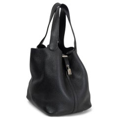 HERMES Noir black Clemence leather PICOTIN 22 LOCK Bag Palladium