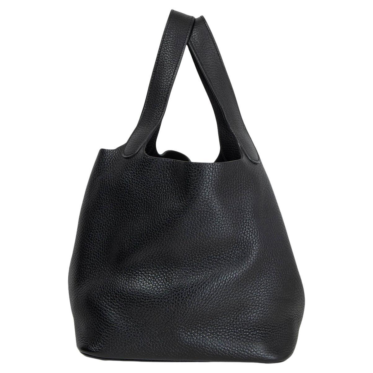 HERMES Noir black Clemence leather PICOTIN 22 LOCK Bag Palladium For Sale