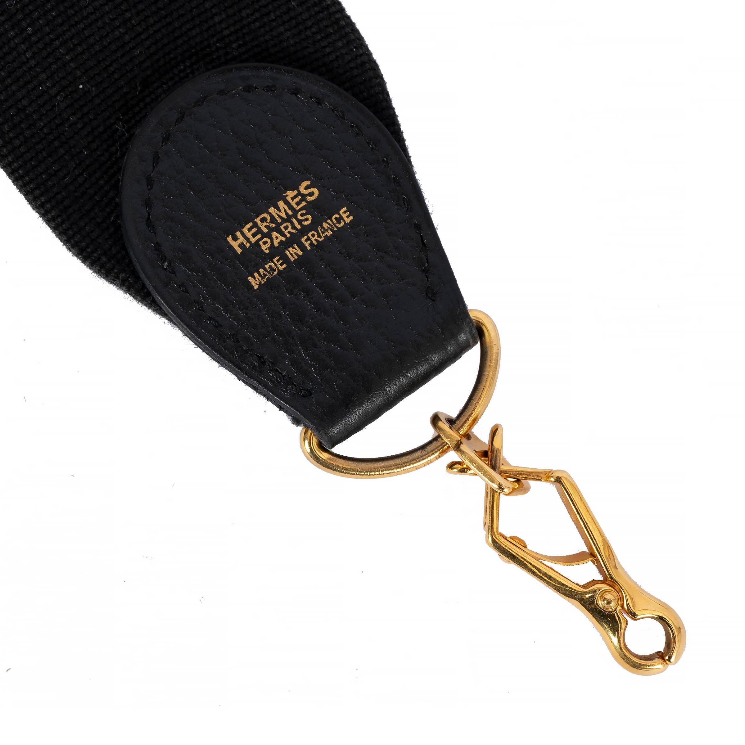 Black HERMES Noir black leather & canvas SANGLE KELLY 50mm Bag Shoulder Strap