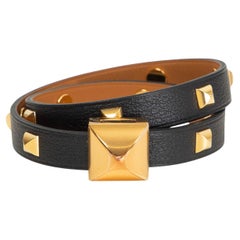 HERMES Noir black leather INFINI CLOUTE DOUBLE TOUR Bracelet T2