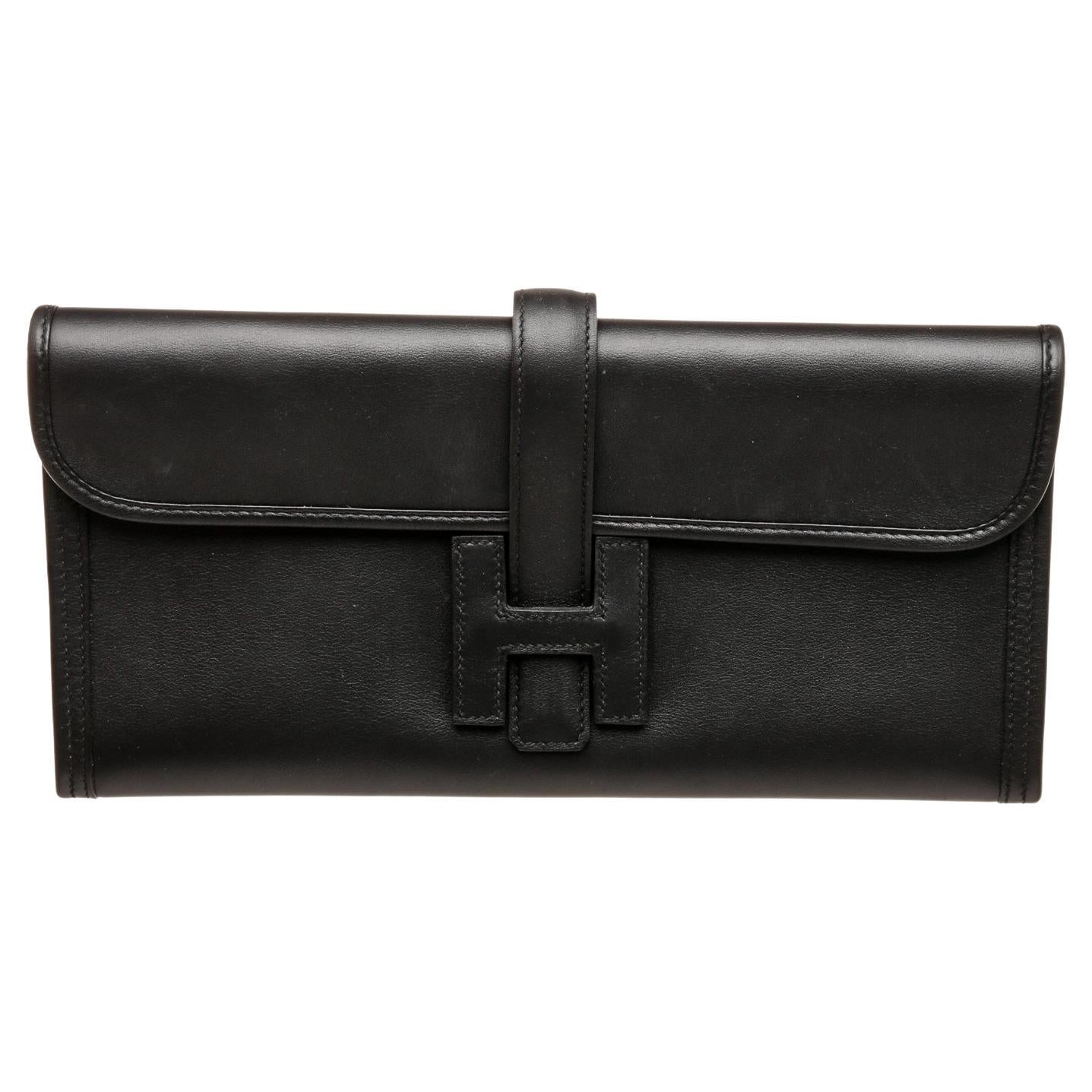 Hermes Noir Black Swift Leather Jige 29cm Clutch For Sale