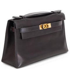 HERMES Noir black Swift leather KELLY POCHETTE Clutch Bag Gold