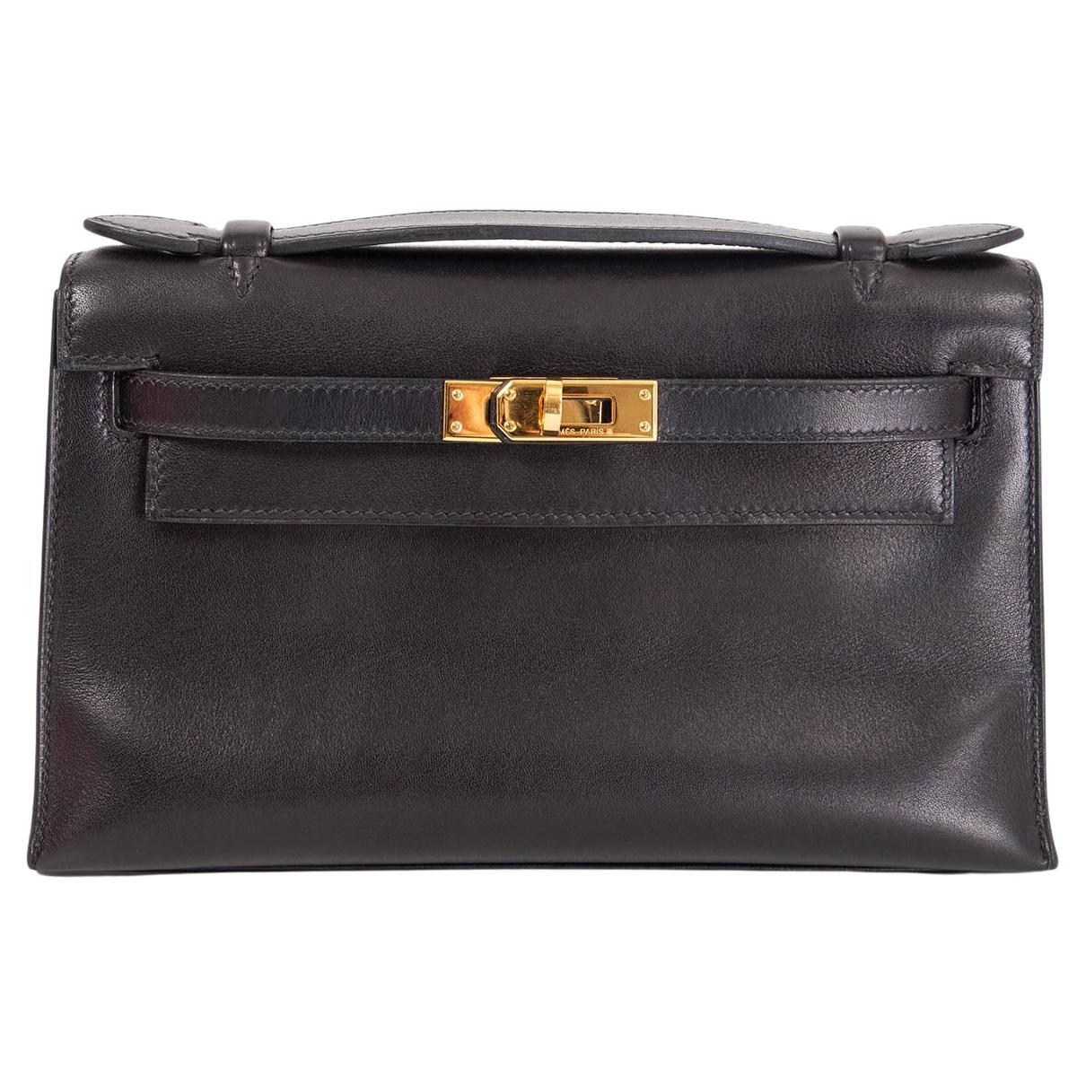 HERMES Noir black Swift leather KELLY POCHETTE Clutch Bag Gold