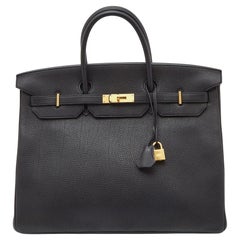 Hermes Noir/Bleu Nuit Togo Leather Brushed Gold Finish Birkin 40 Bag