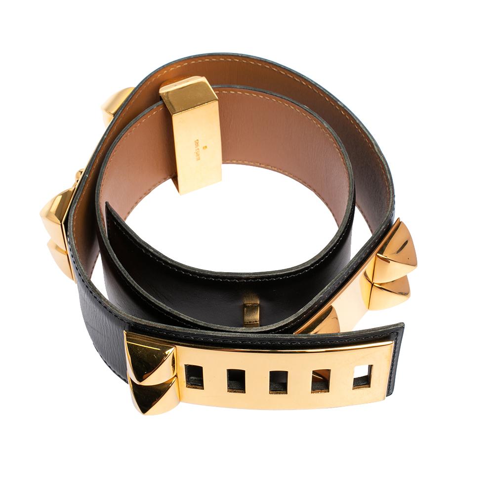 Contemporary Hermes Noir Box Leather Gold Hardware Collier de Chien Belt 70 CM