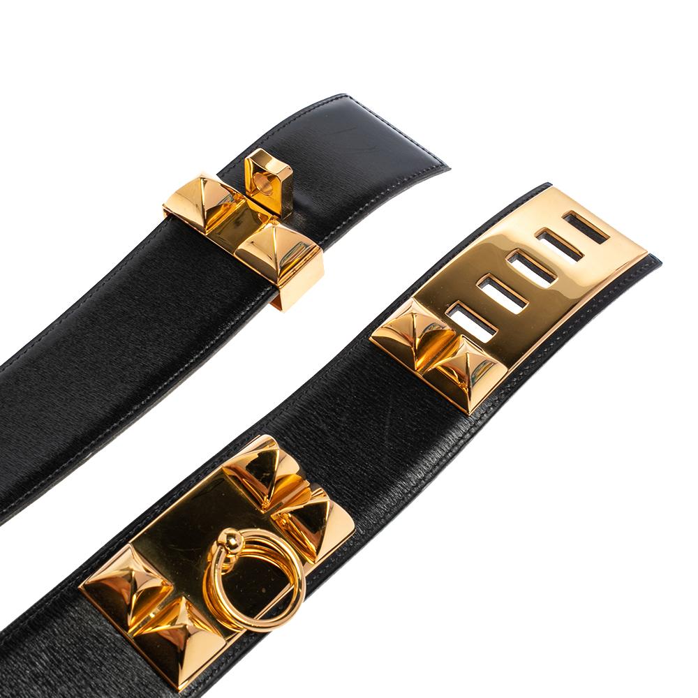 Hermes Noir Box Leather Gold Hardware Collier de Chien Belt 70 CM In Good Condition In Dubai, Al Qouz 2
