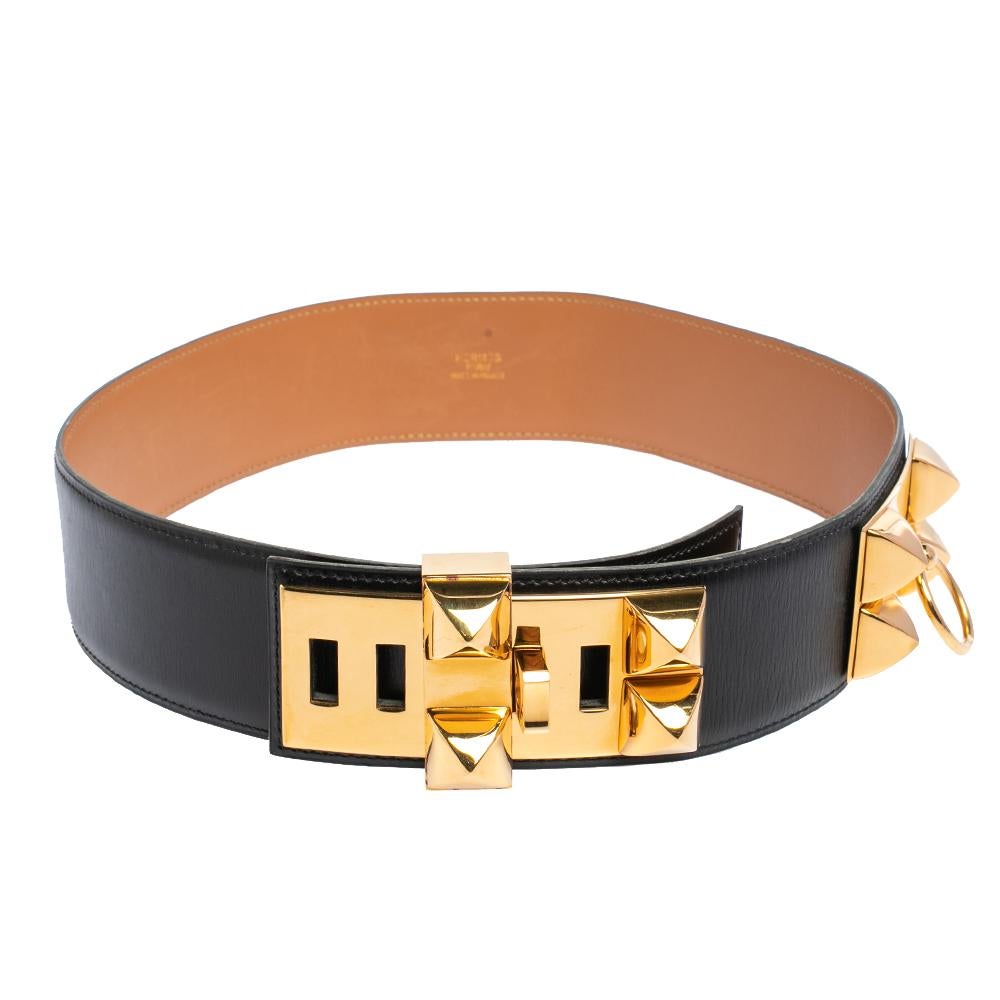 Women's Hermes Noir Box Leather Gold Hardware Collier de Chien Belt 70 CM