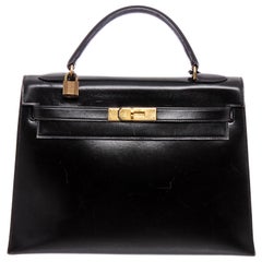 Hermes Noir Box Leather Kelly Sellier 32 Bag