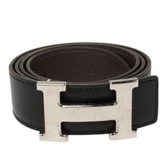 Hermes Noir/Chocolat Box Calf and Togo Argent H Buckle Reversible Belt 90CM