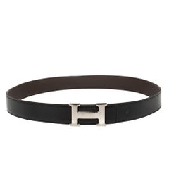 Hermès Noir/Chocolat Box Calf and Togo Argent H Buckle Reversible Belt 90CM