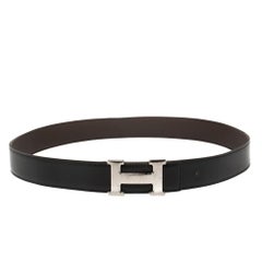 Hermes Noir/Chocolat Box Calf and Togo Argent H Buckle Reversible Belt 90CM