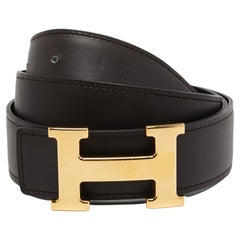 Hermes Noir/Chocolat Chamonix and Swift Leather H Buckle Reversible Belt 90 CM