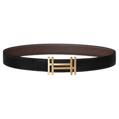Hermes Noir/Chocolat H au Carre belt buckle & Reversible leather strap 32 mm 110
