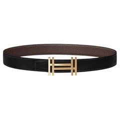 Hermes Noir/Chocolat H au Carre belt buckle & Reversible leather strap 32 mm 85