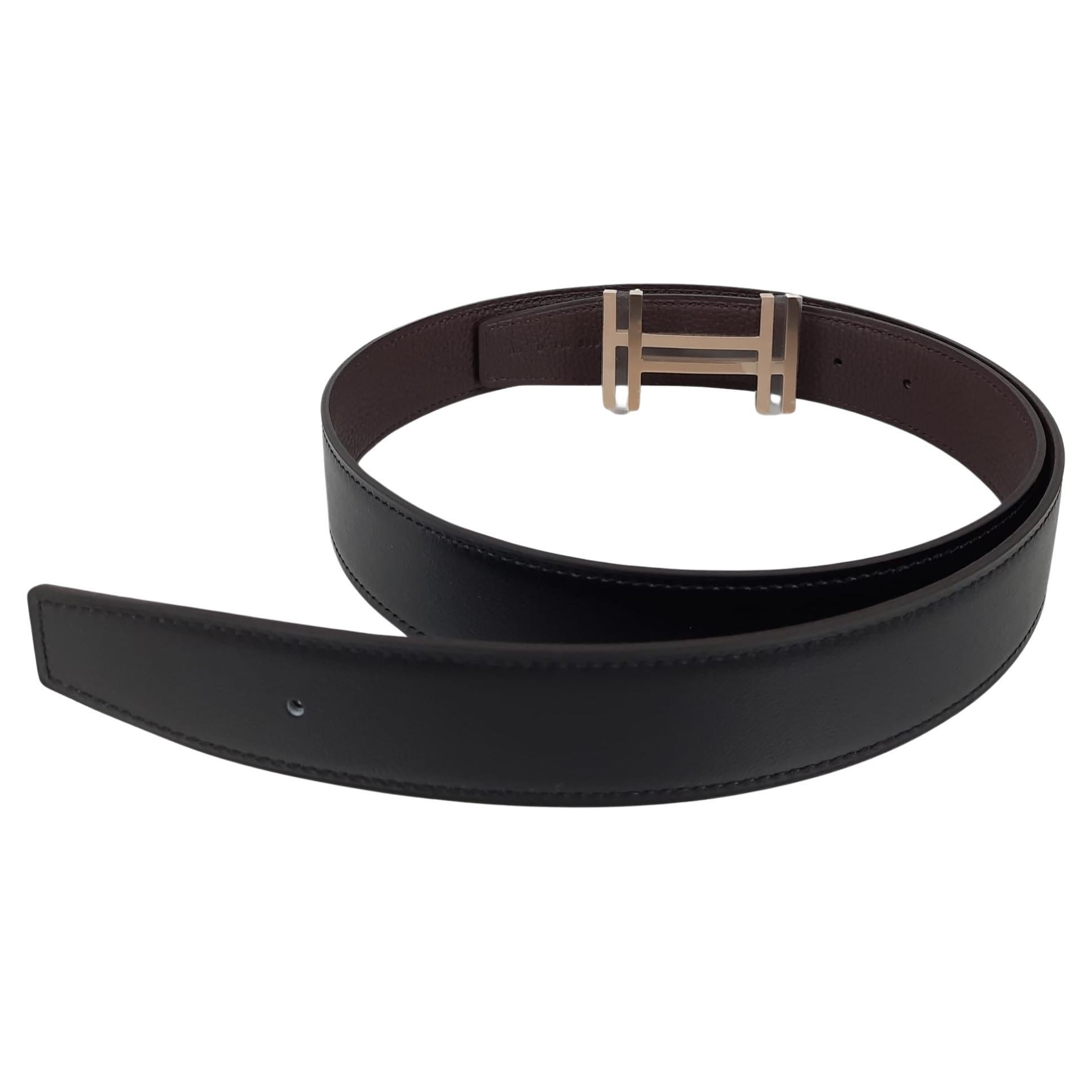 Hermes Noir/Chocolat H au Carre belt buckle & Reversible strap 32 mm Size 90