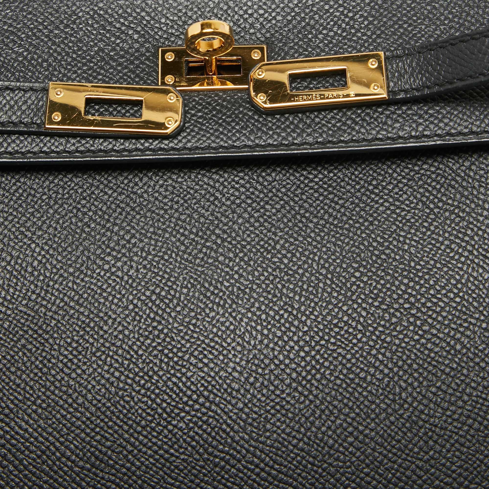 Hermes Noir Epsom Leather Gold Finish Kelly Sellier 25 Bag 13
