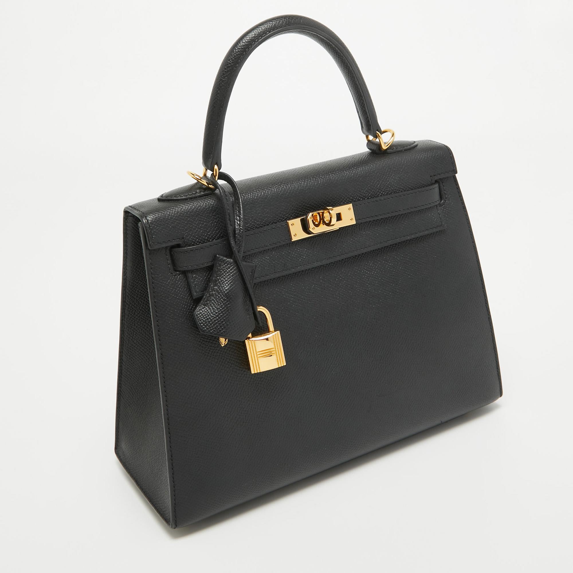 Hermes Noir Epsom Leather Gold Finish Kelly Sellier 25 Bag 14