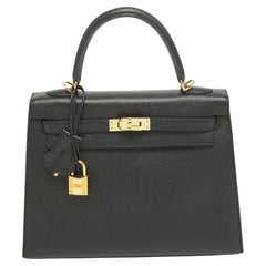 Hermes Noir Epsom Leather Gold Finish Kelly Sellier 25 Bag