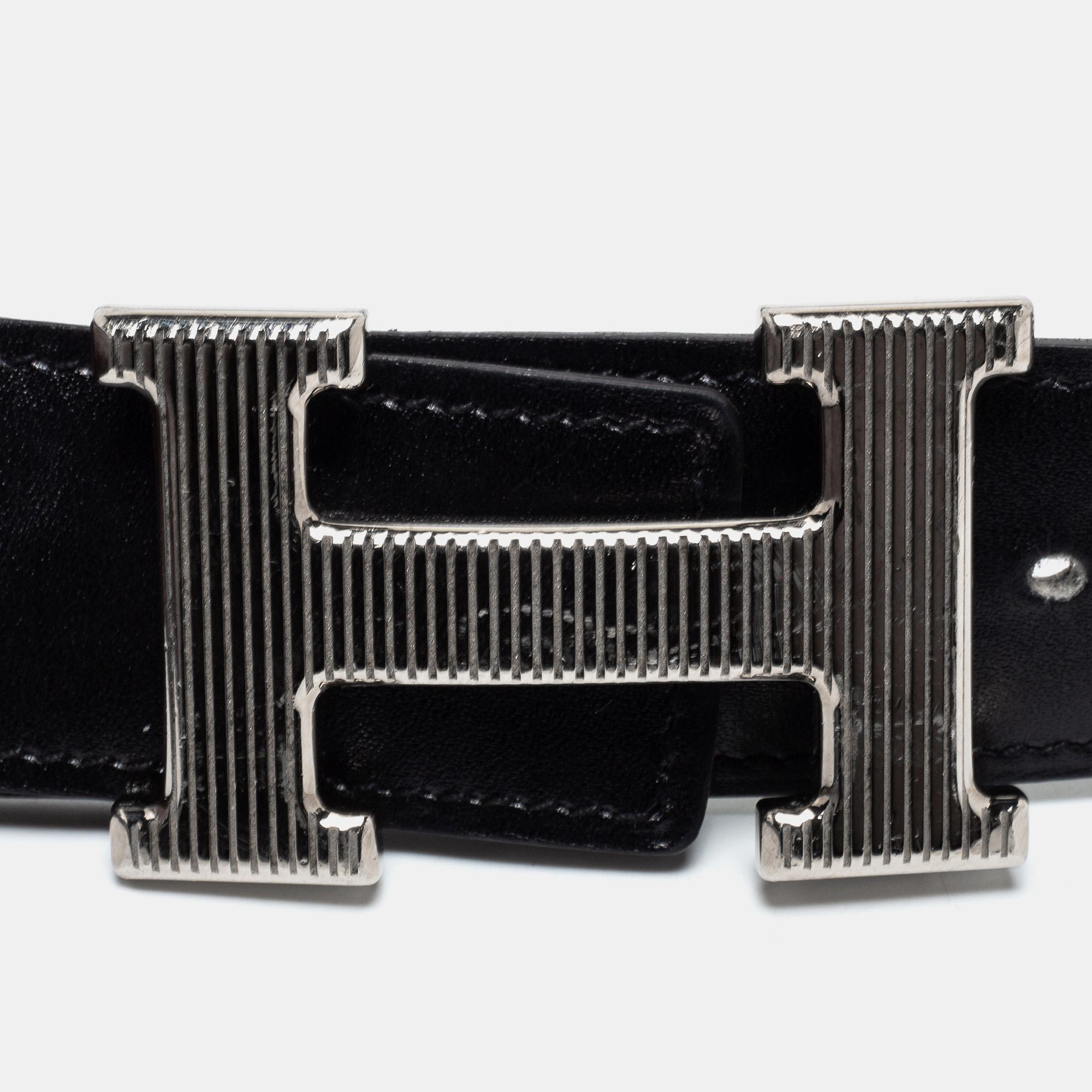 Women's Hermes Noir/Etoupe Chamonix and Togo Leather H Strie Reversible Belt 90 CM