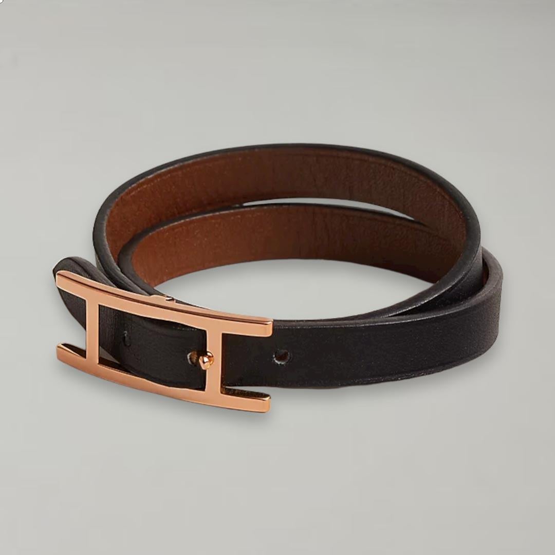 Bracelet double tour Hermès Noir/Fauve Behapi, taille 2 Pour femmes en vente