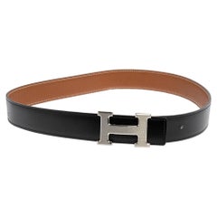 Hermes Noir/Gold Chamonix and Togo Leather Constance Reversible Belt 85 CM