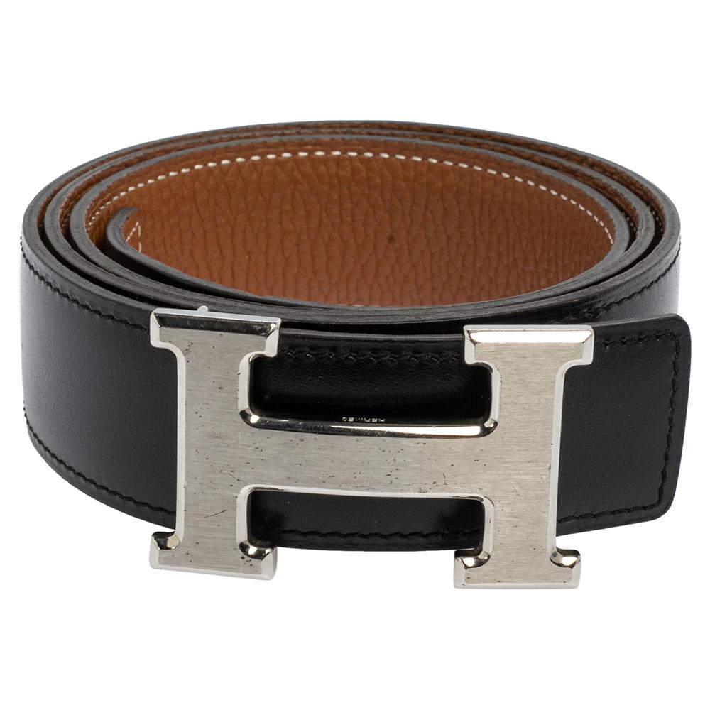 Hermes Noir/Gold Chamonix and Togo Leather Constance Reversible Belt 85 CM