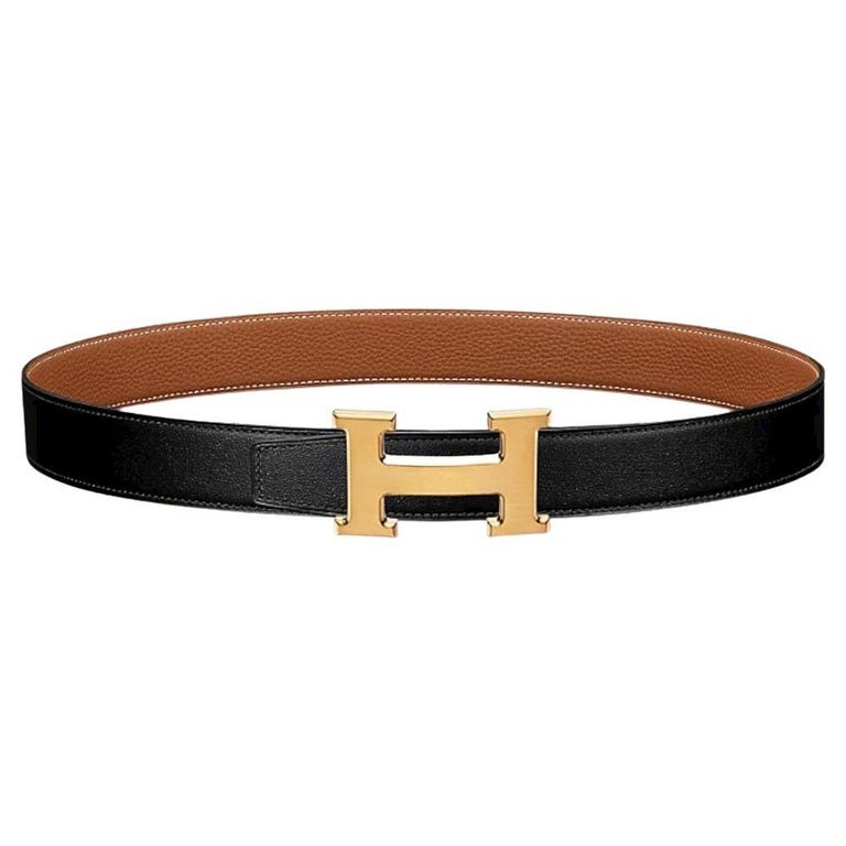 Hermes Noir/Gold H belt buckle and Reversible leather strap 32 mm Size ...