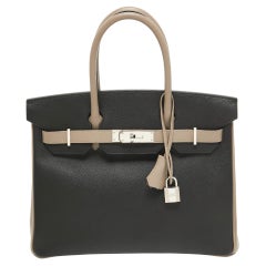 Hermes Noir/Gris Asphalt Epsom Leather Palladium Finish Birkin 30 Bag