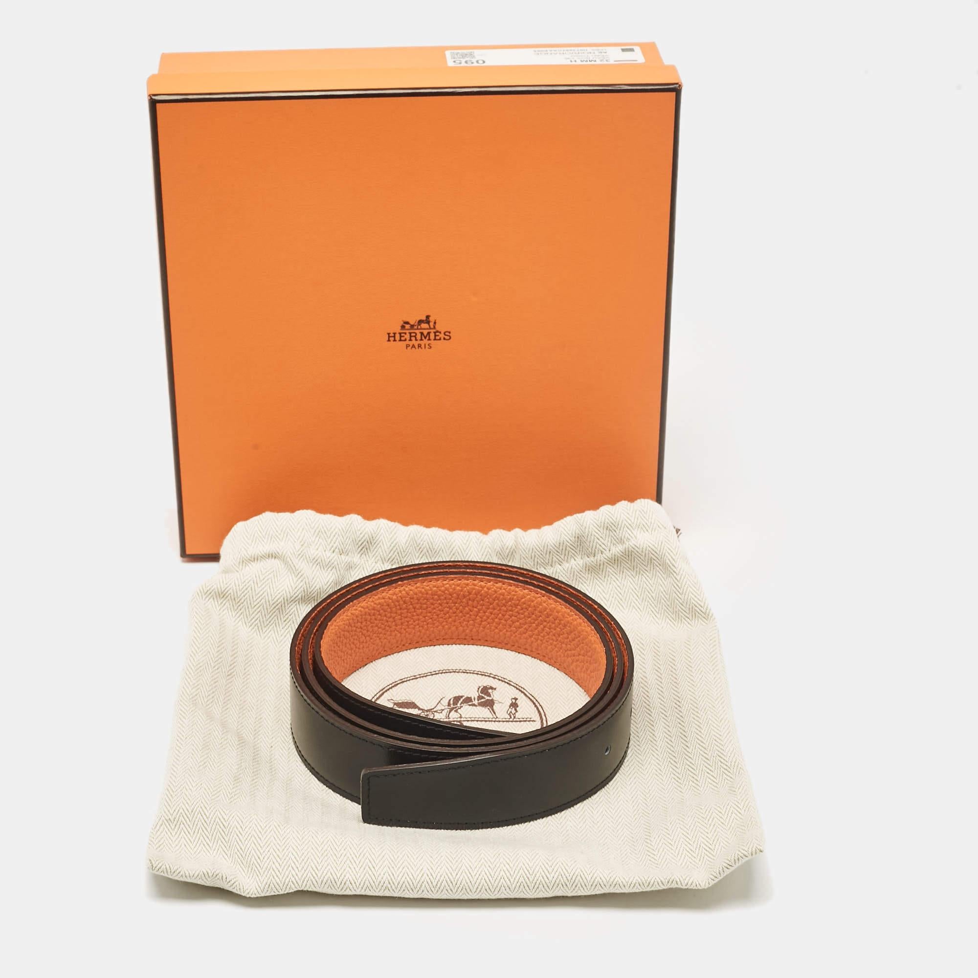Men's Hermes Noir/Orange Box and Togo Leather Reversible Belt Strap 95 CM