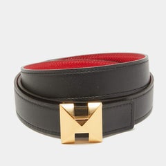 Hermes Noir/Rouge Casaque Swift and Epsom Leather Medor H Buckle Belt 90 CM