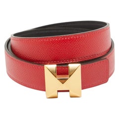 Hermes Noir/Rouge Casaque Swift and Epsom Leather Medor H Buckle Belt 90 CM