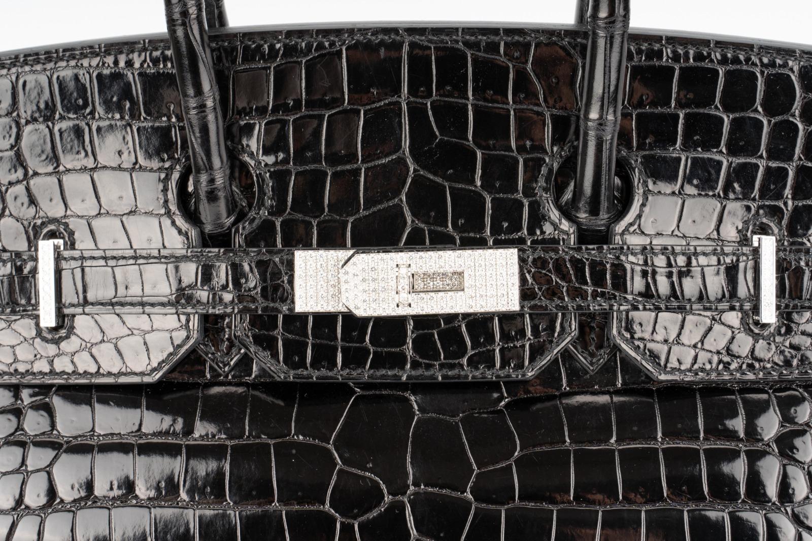 Hermes Birkin Diamond Hardware Bag Black shiny Porosus Crocodile 35 In Excellent Condition In London, England
