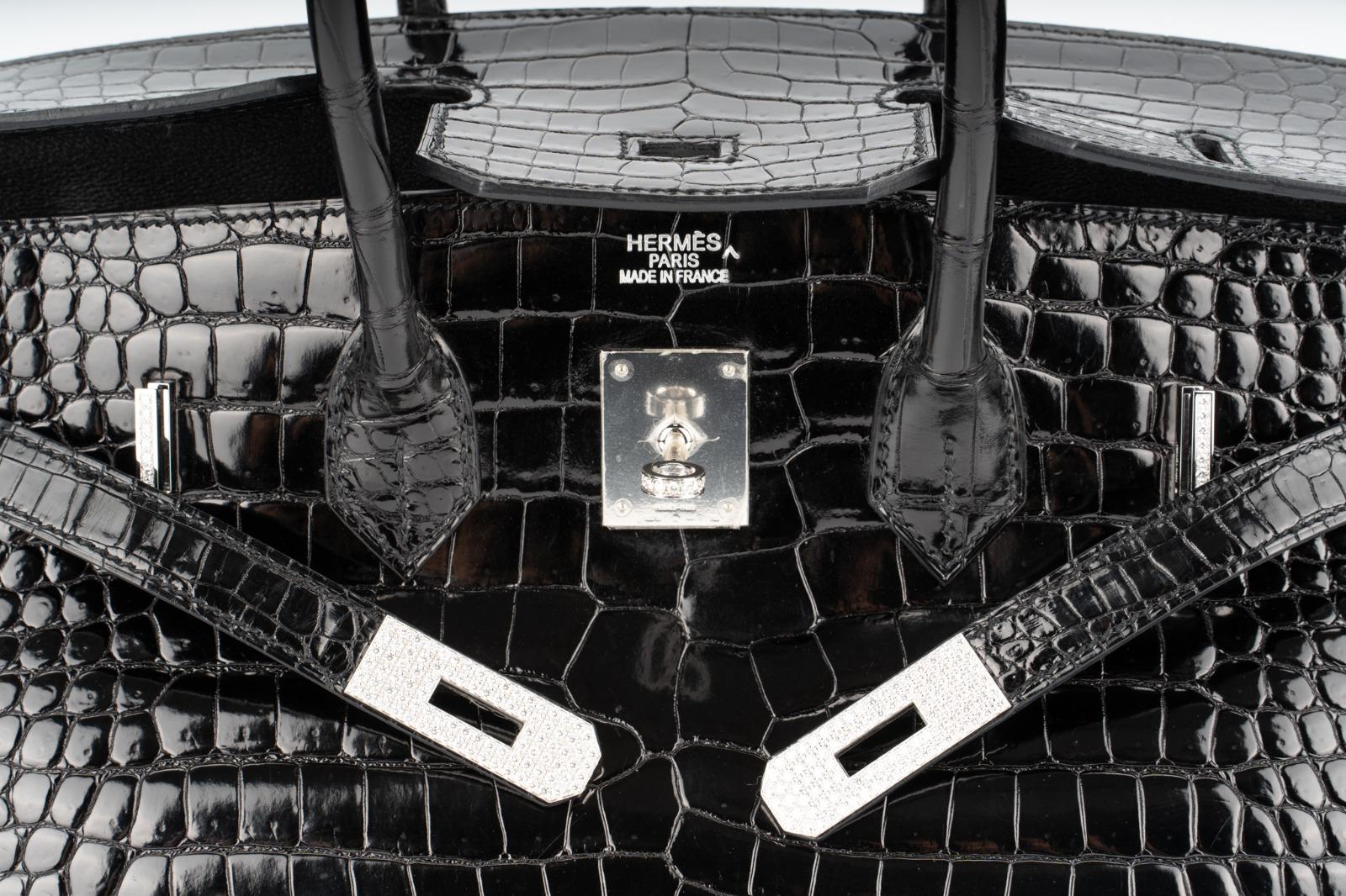 Women's Hermes Birkin Diamond Hardware Bag Black shiny Porosus Crocodile 35