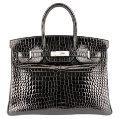 Hermes Birkin Bolso Herraje Diamante Negro brillante Cocodrilo Porosus 35