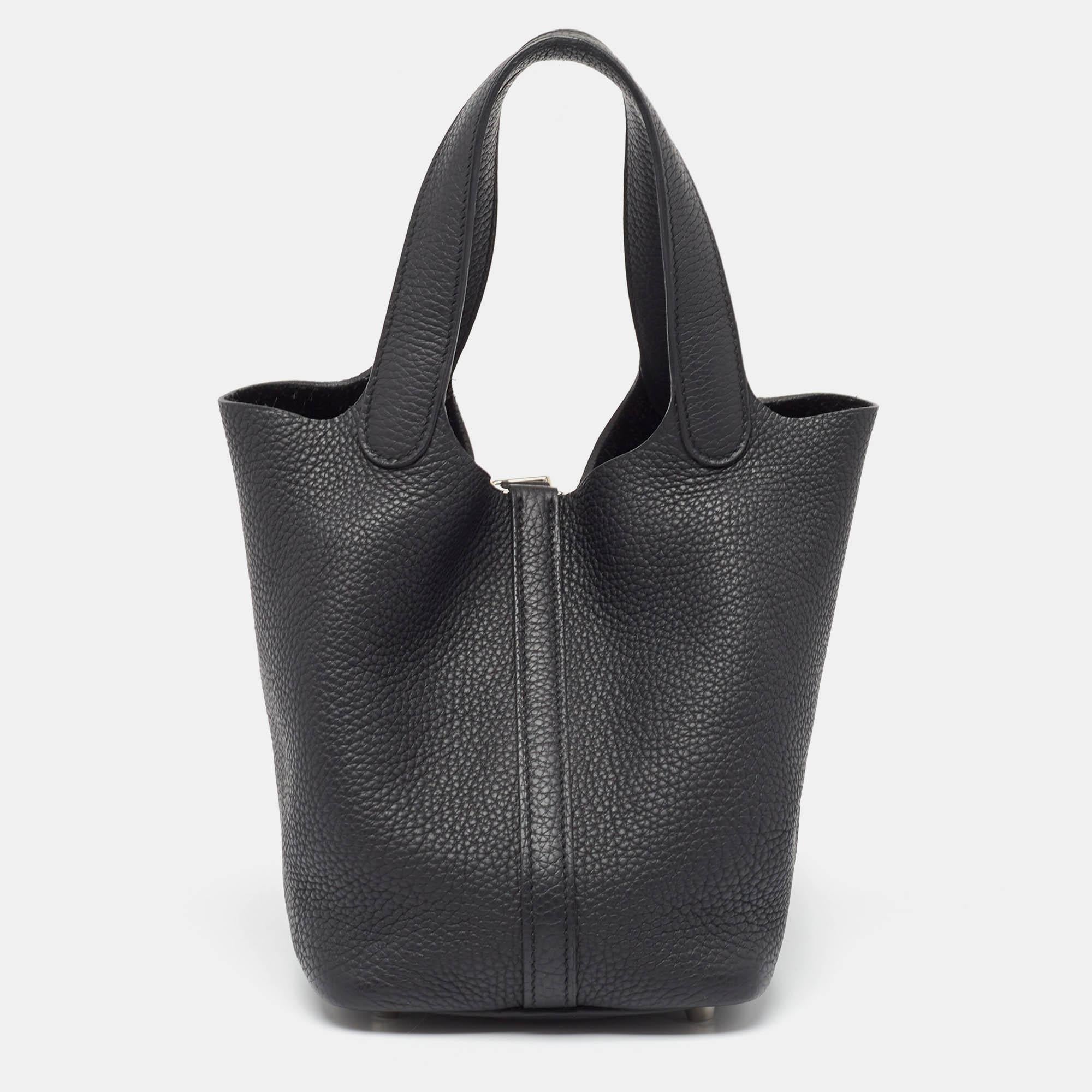 Women's Hermes Noir Taurillon Clemence Leather Picotin Lock 18 Bag