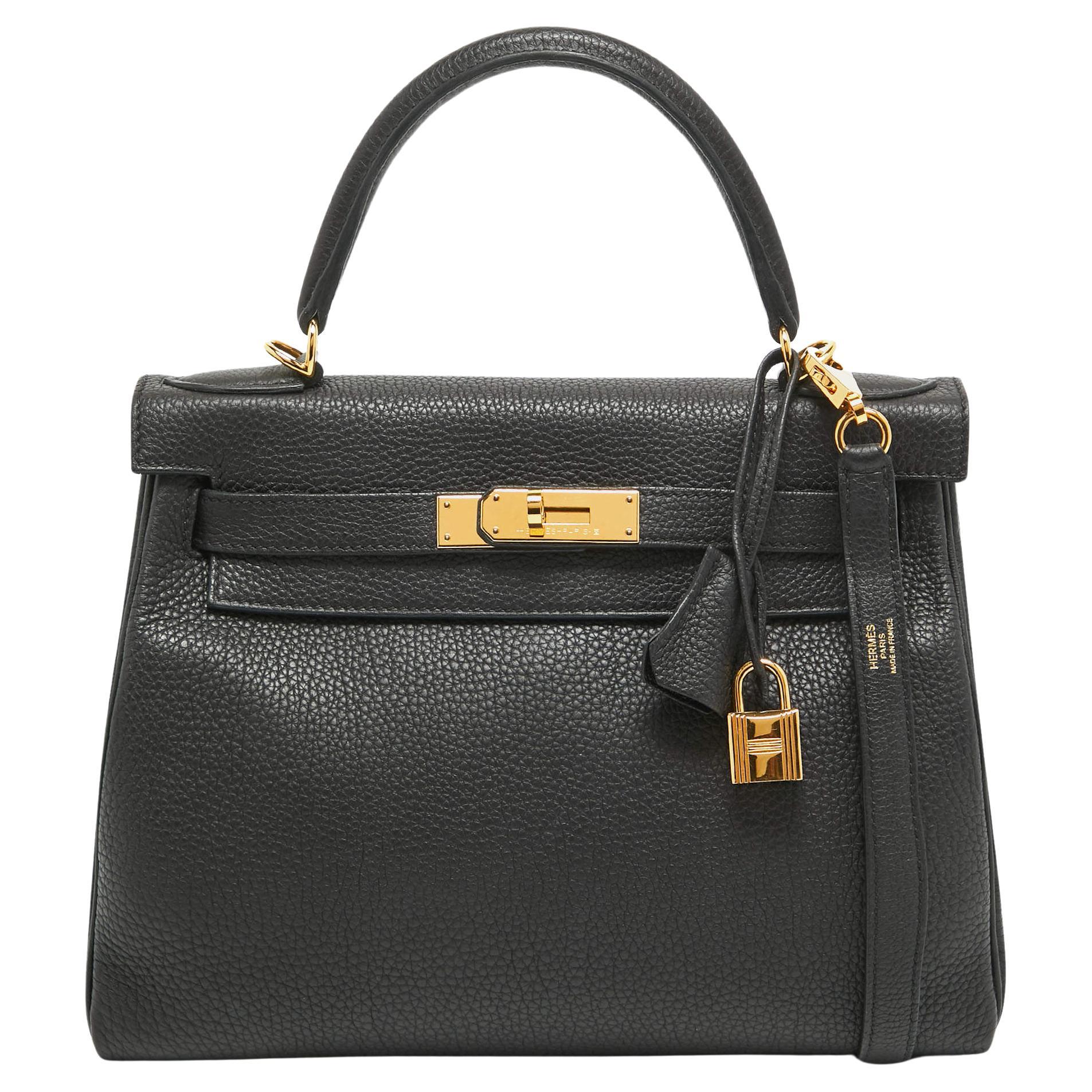 Hermes Noir Togo Leather Gold Finish Kelly Retourne 28 Bag For Sale