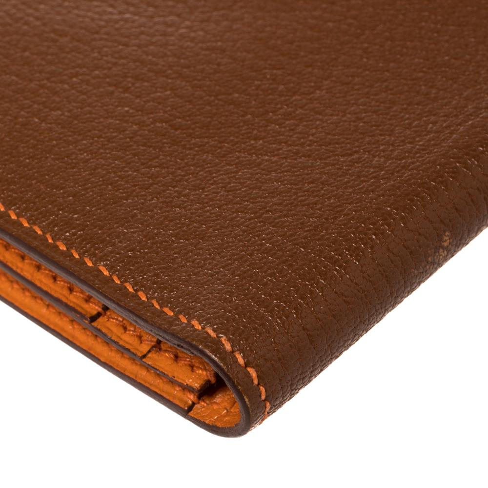 Brown Hermes Noisette/Orange Chevre Leather Bearn Gusset Wallet