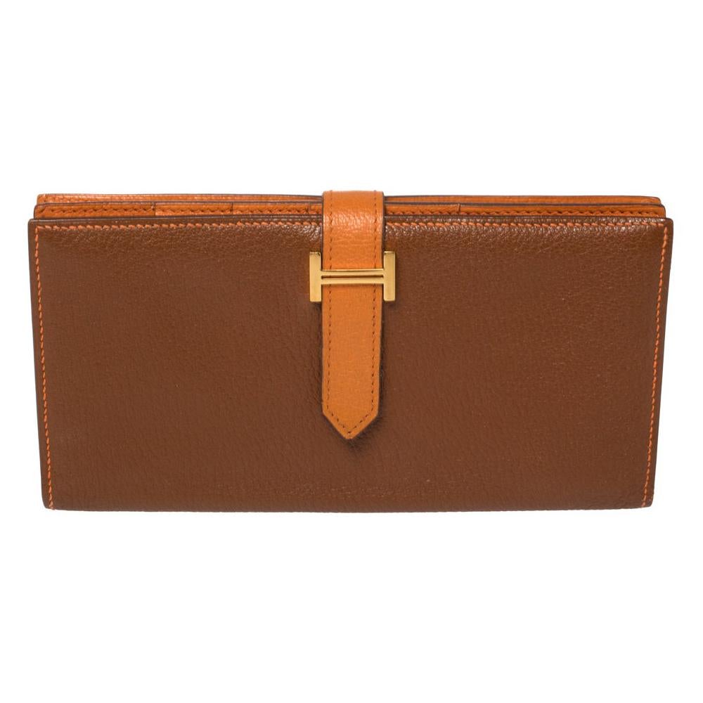 Hermes Noisette/Orange Chevre Leather Bearn Gusset Wallet