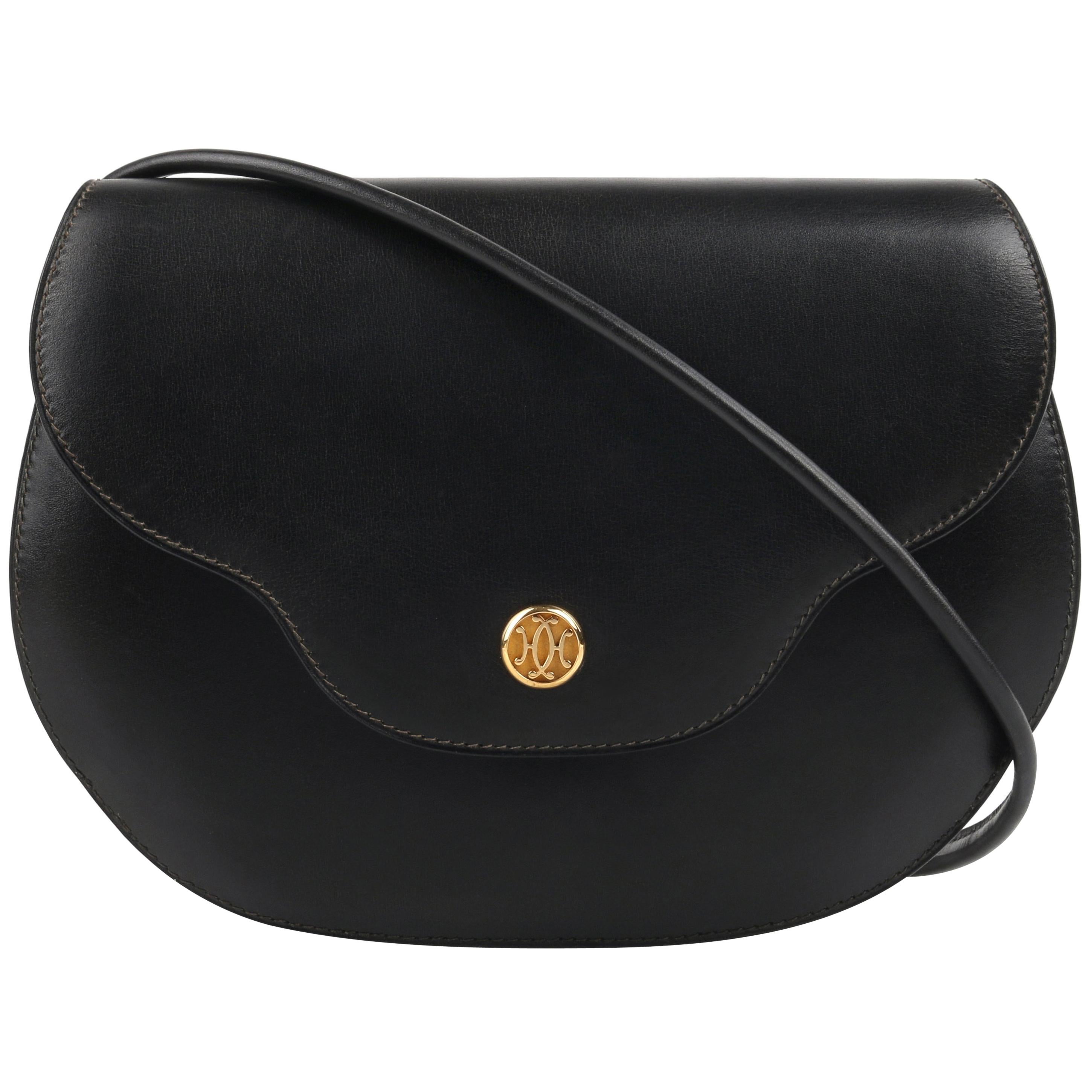 HERMES "Noumea" Black Leather Gold Hardware Shoulder Bag Crossbody Handbag 