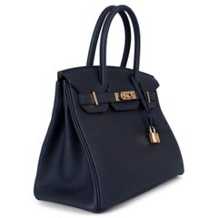 HERMES Nuit blue Togo leather BIRKIN 30 Bag Rose Ghw