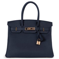 HERMES Nuit blue Togo leather BIRKIN 30 Bag Rose Ghw