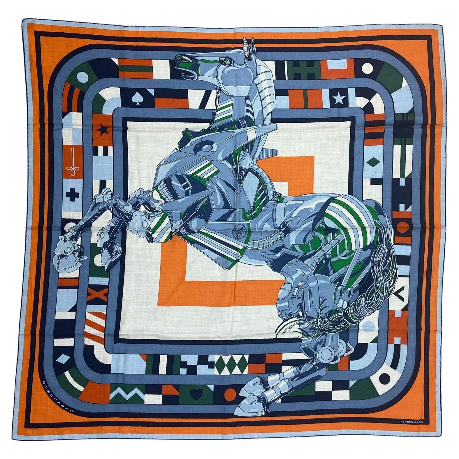 Chal Hermes NWT Azul/Naranja Robocabar 140cm Seda/Cachemira