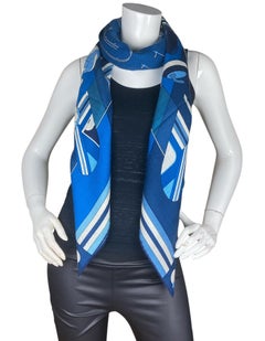 Hermes NWT Chic, Le Sport! Bleu Vif/ Ciel/ Marine Silk/ Cashmere Shawl Scarf