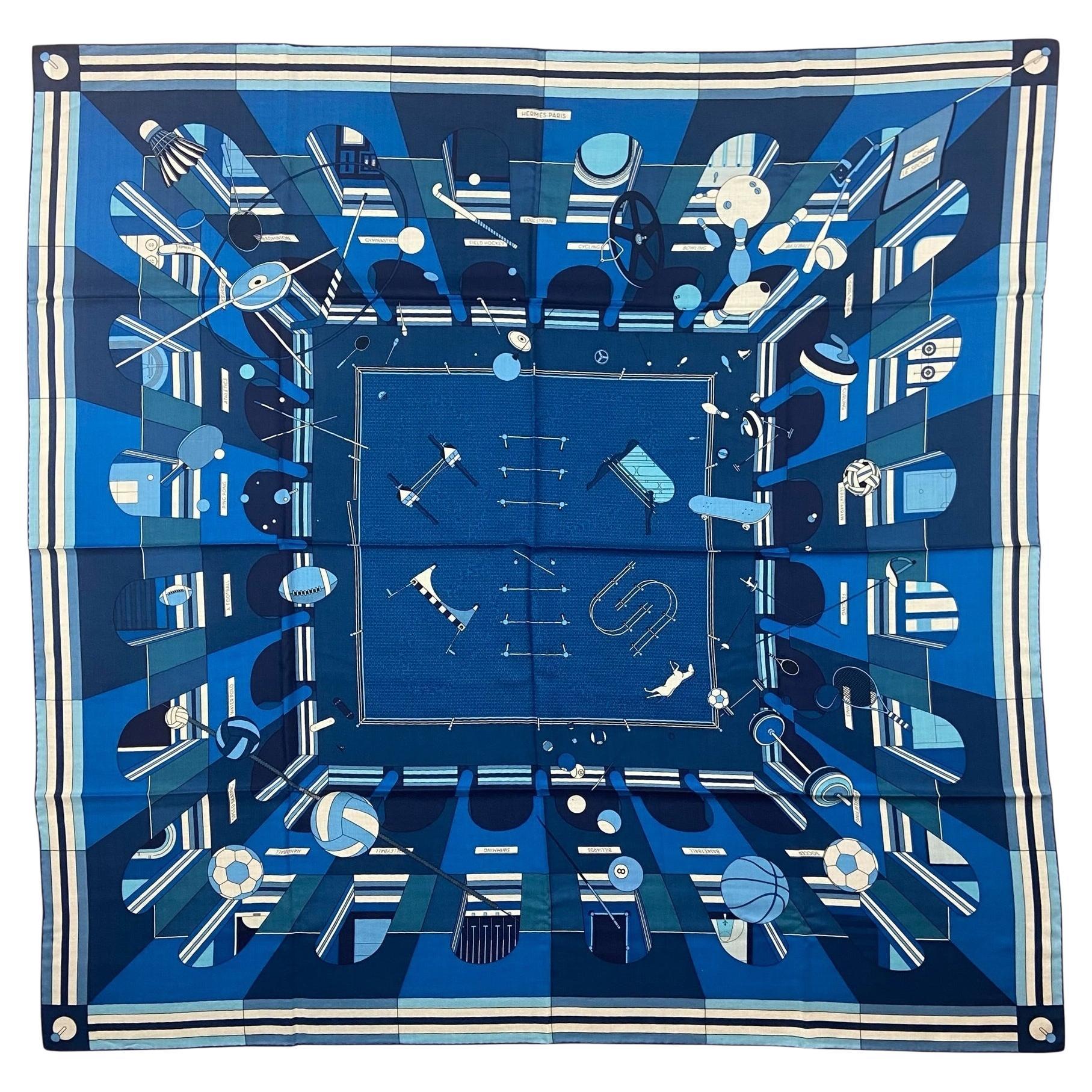 Hermes NWT Chic, Le Sport! Bleu Vif/ Ciel/ Marine Silk/ Cashmere Shawl Scarf For Sale