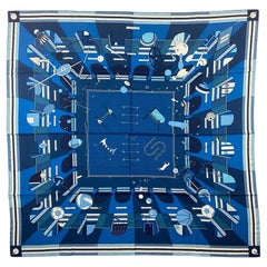 Hermes NWT Chic, Le Sport! Bleu Vif/ Ciel/ Marine Silk/ Cashmere Shawl Scarf